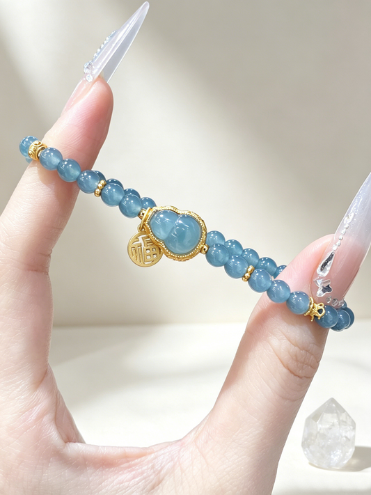 "Serene Waters & The Blessed Gourd" — Ice-Clear Blue Water Jadeite Slim Talisman Bracelet