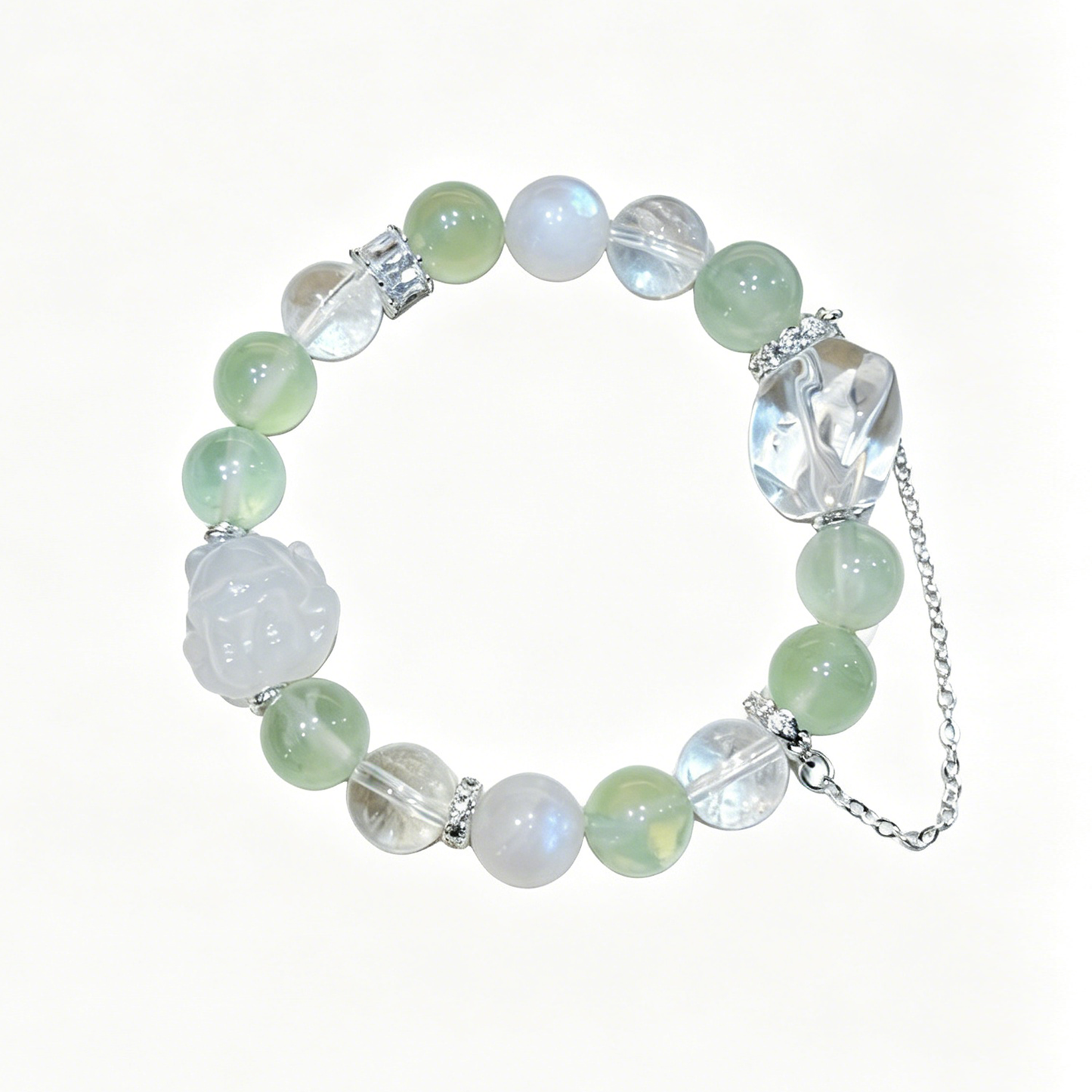 "Mint Mist & Gentle Aura" — Prehnite, Moonstone & White Jade Nine-Tailed Fox Multi-Gemstone Bracelet