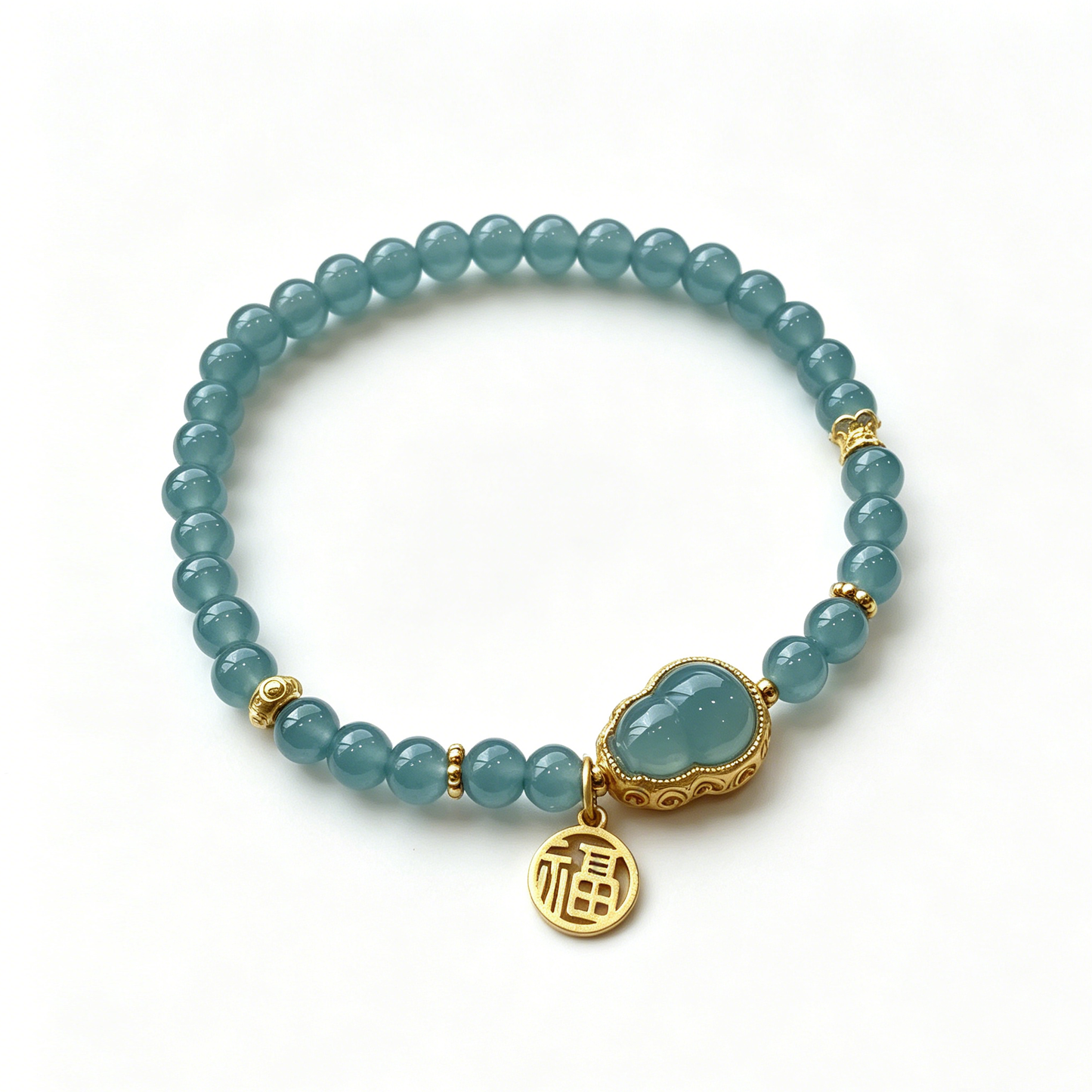 "Serene Waters & The Blessed Gourd" — Ice-Clear Blue Water Jadeite Slim Talisman Bracelet