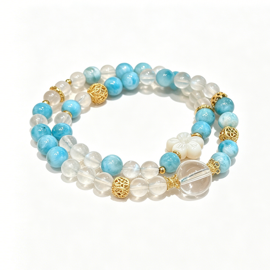 "Ocean Waves & Serene Order" — Premium Full-Pattern Larimar, Creamy Blue Moonstone & Clear Quartz Double-Loop Bracelet