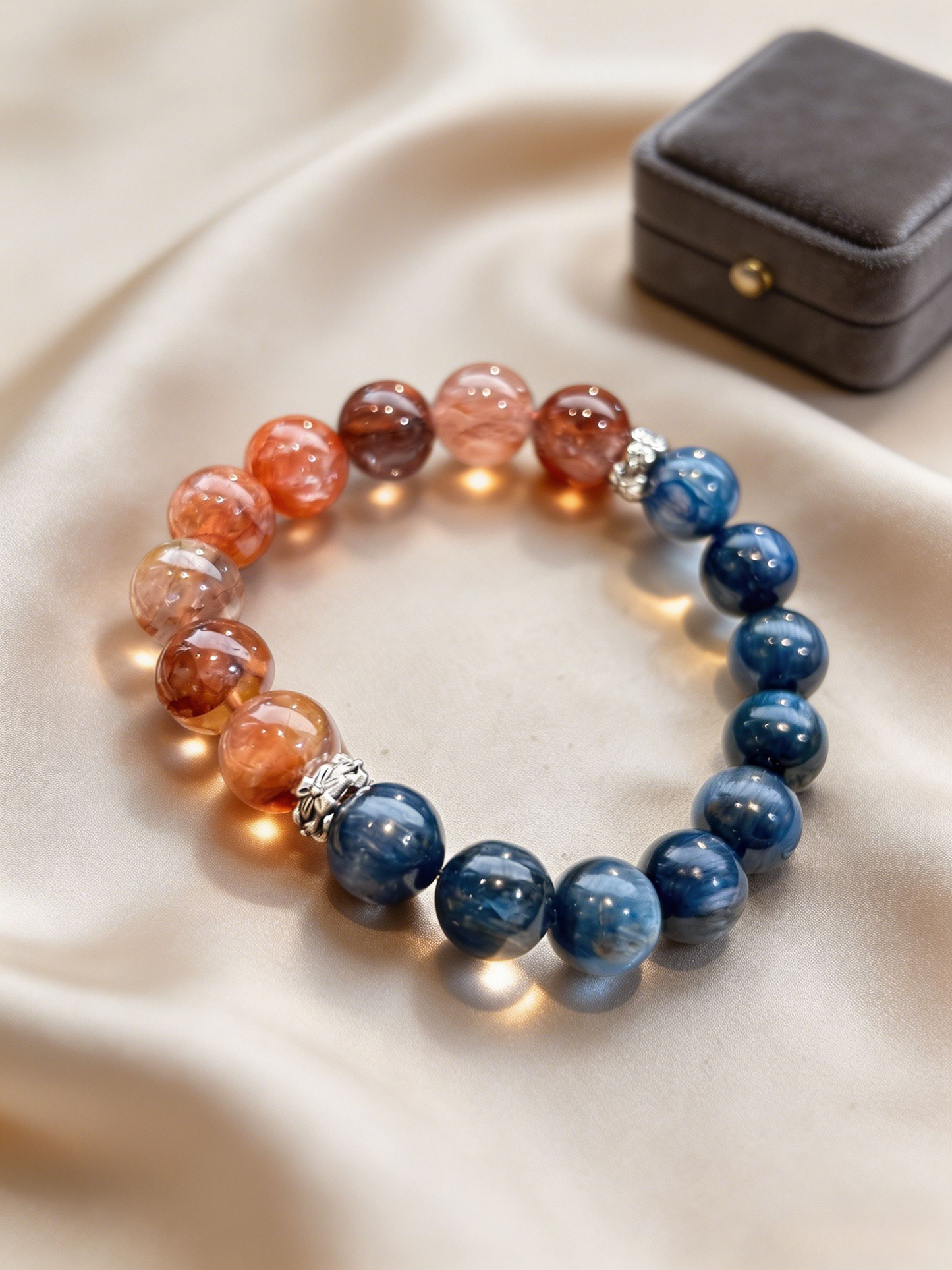 "Crimson Flame & Ocean Plume" — Premium Red Hematoid Quartz & Kyanite Balanced Single-Loop Bracelet