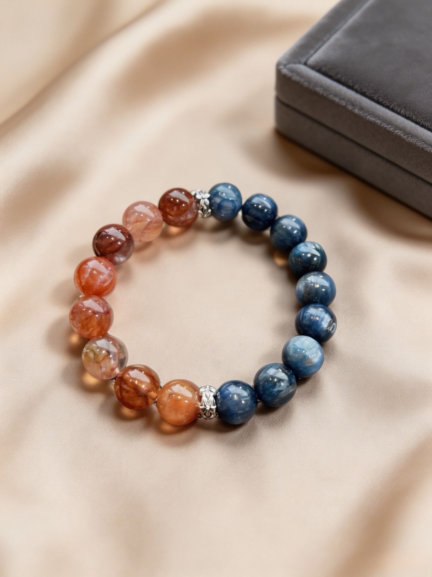"Crimson Flame & Ocean Plume" — Premium Red Hematoid Quartz & Kyanite Balanced Single-Loop Bracelet