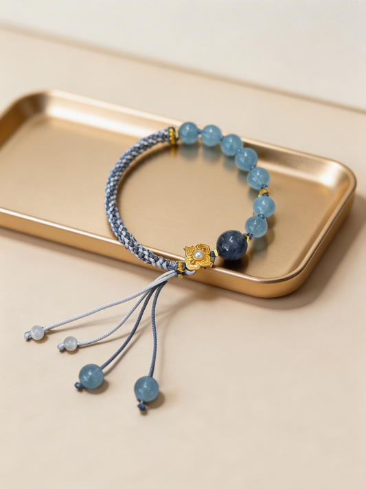 "Deep Ocean Sanctuary" — Premium Deep Aquamarine & Hetian Jade Hand-Woven Cord Bracelet