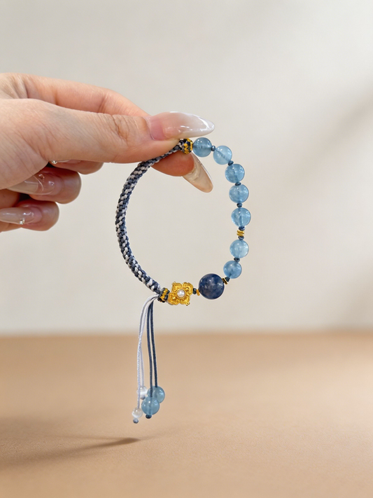 "Deep Ocean Sanctuary" — Premium Deep Aquamarine & Hetian Jade Hand-Woven Cord Bracelet