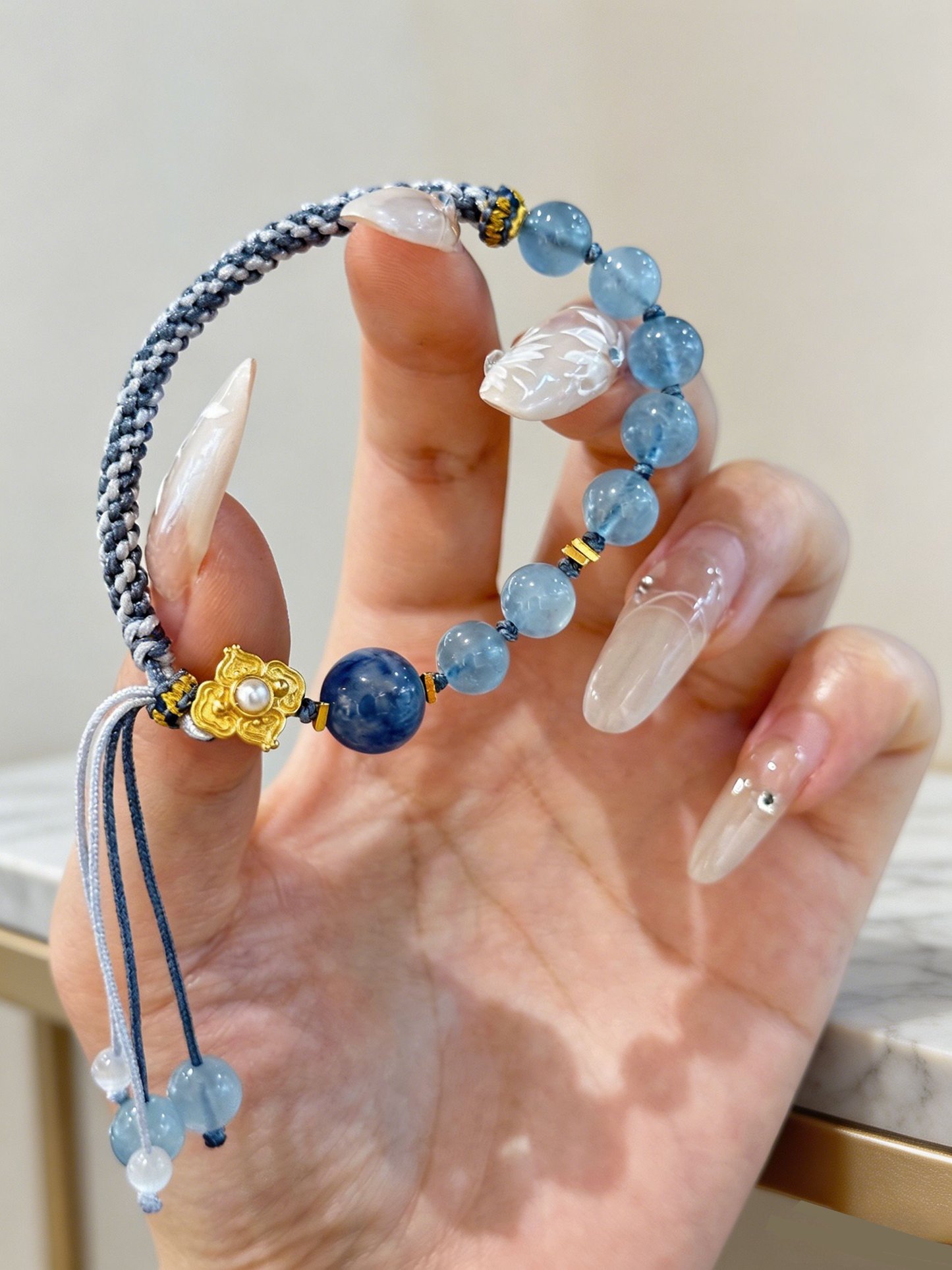 "Deep Ocean Sanctuary" — Premium Deep Aquamarine & Hetian Jade Hand-Woven Cord Bracelet