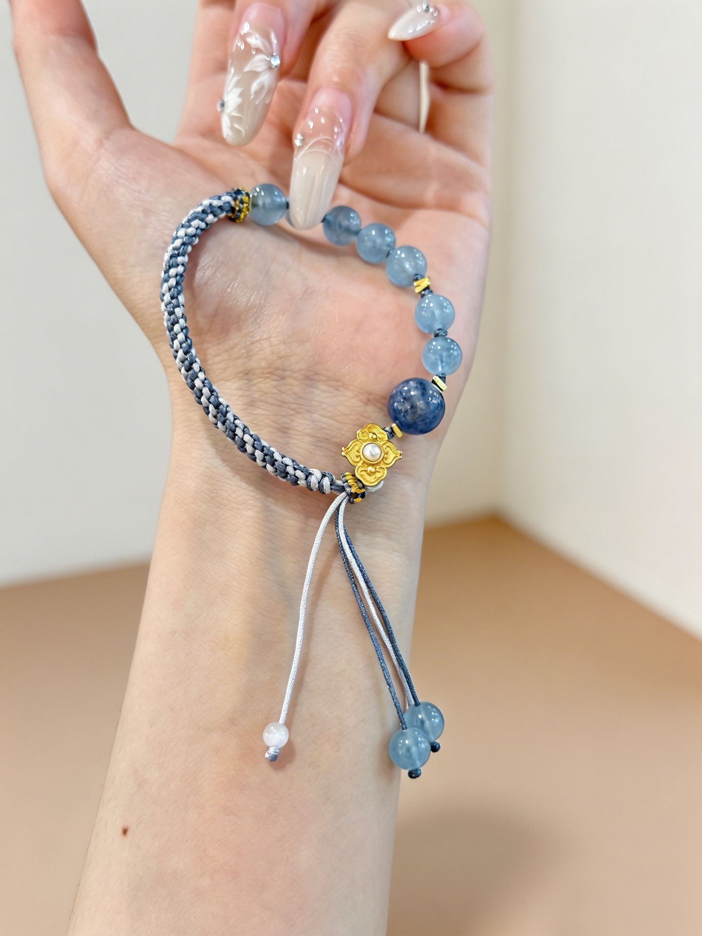 "Deep Ocean Sanctuary" — Premium Deep Aquamarine & Hetian Jade Hand-Woven Cord Bracelet