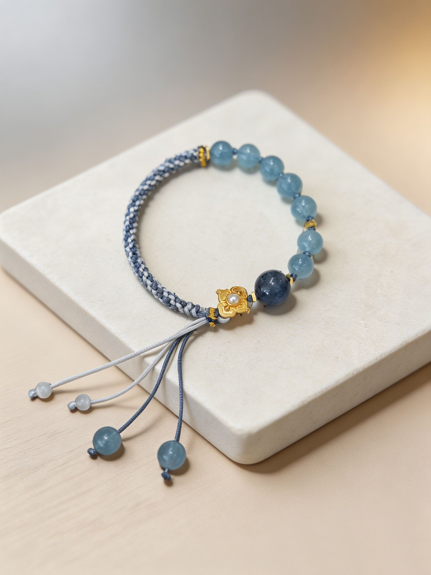 "Deep Ocean Sanctuary" — Premium Deep Aquamarine & Hetian Jade Hand-Woven Cord Bracelet