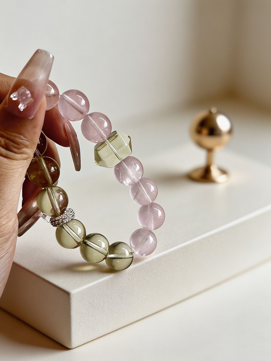 "Peach Mist & Golden Ripples" — Premium Morgan Pink Quartz & Faceted Lemon Quartz Luxury Bracelet