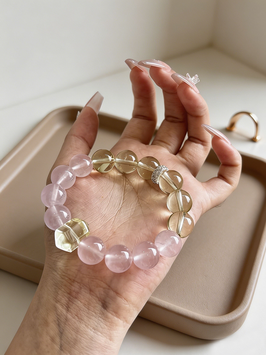 "Peach Mist & Golden Ripples" — Premium Morgan Pink Quartz & Faceted Lemon Quartz Luxury Bracelet