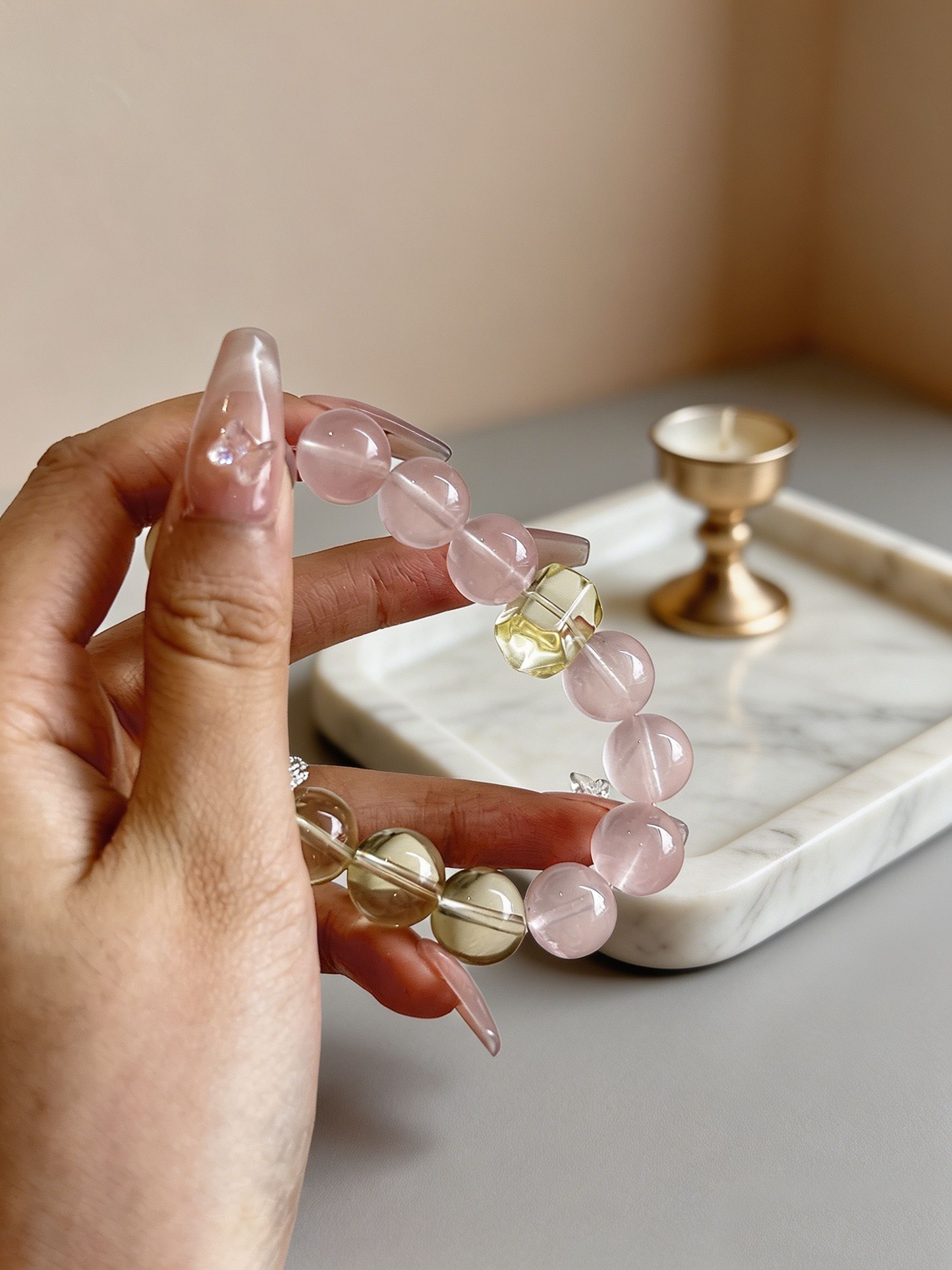 "Peach Mist & Golden Ripples" — Premium Morgan Pink Quartz & Faceted Lemon Quartz Luxury Bracelet