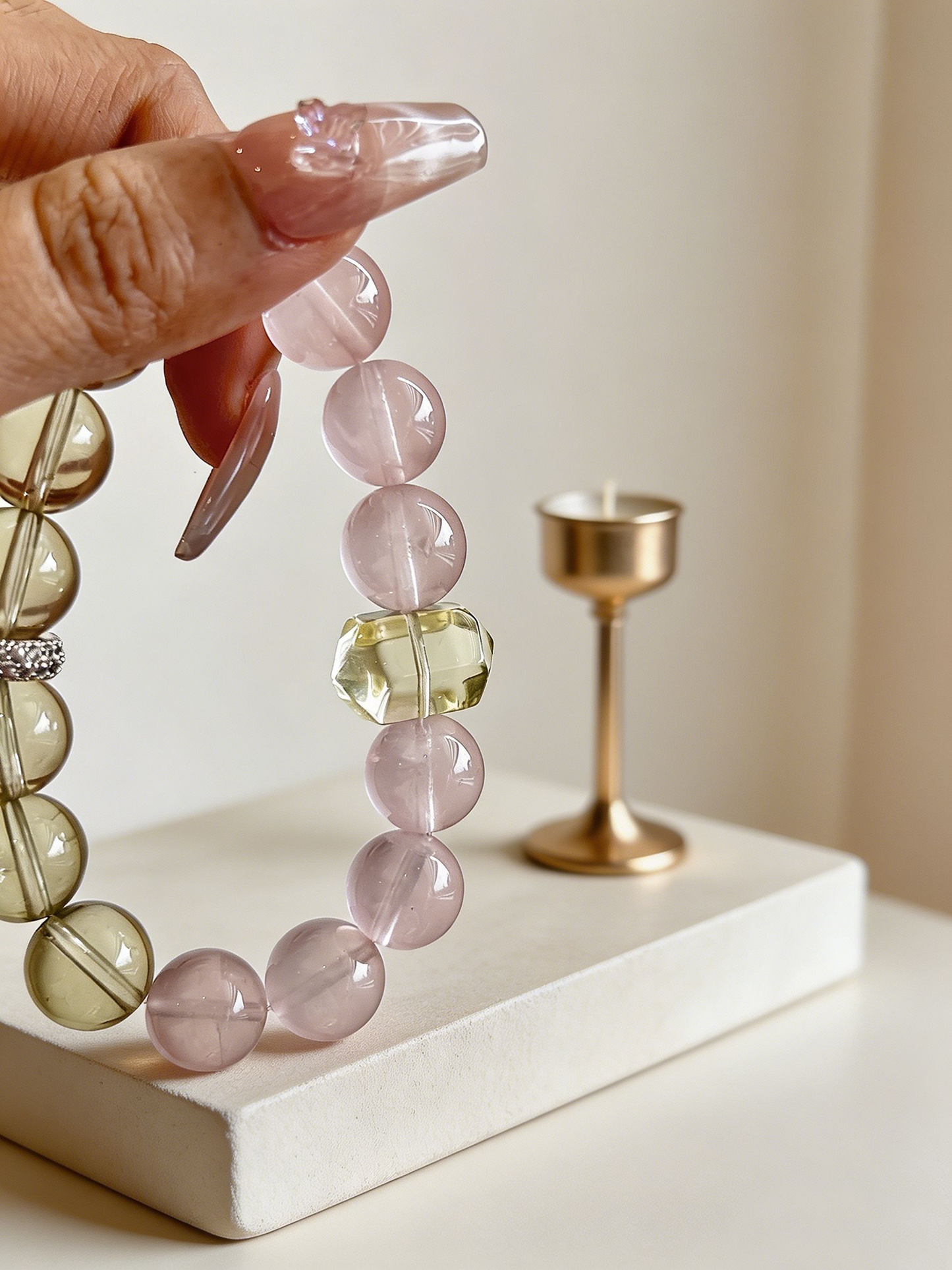 "Peach Mist & Golden Ripples" — Premium Morgan Pink Quartz & Faceted Lemon Quartz Luxury Bracelet