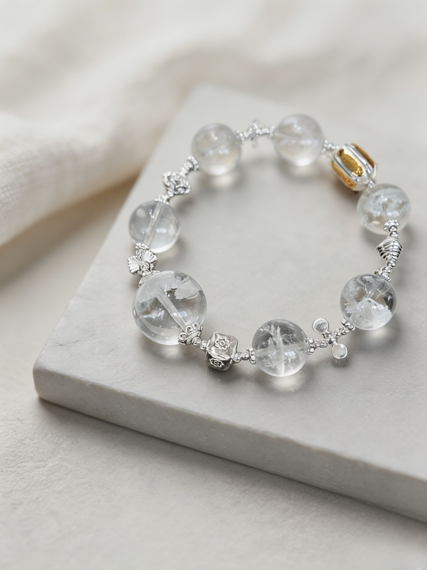 "Frost Canopy & Hidden Snow" — Rare White Phantom Quartz & Artisan 925 Silver Bracelet