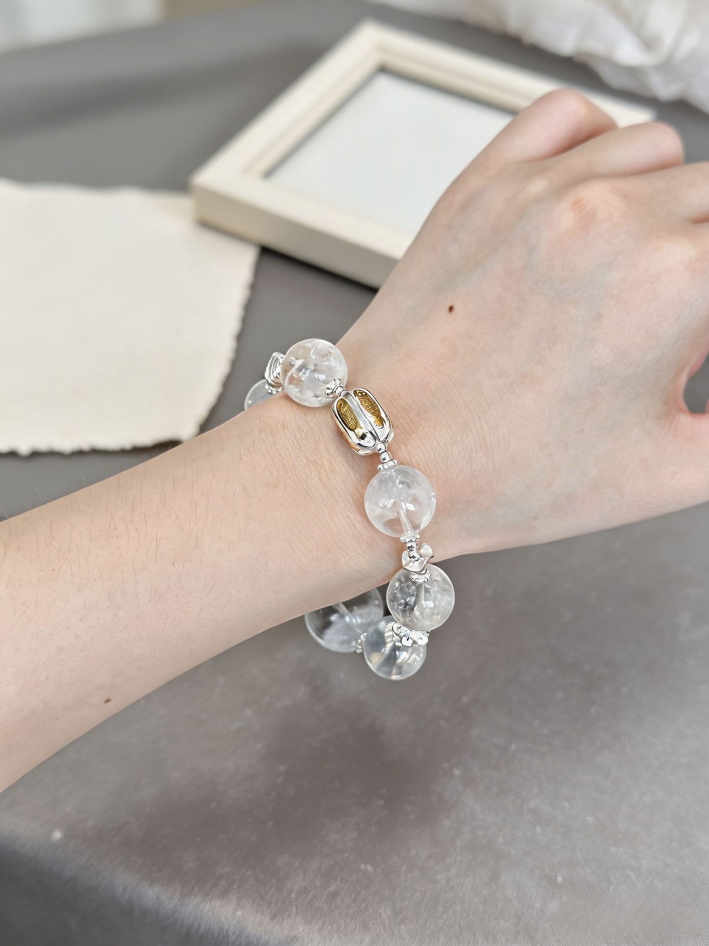 "Frost Canopy & Hidden Snow" — Rare White Phantom Quartz & Artisan 925 Silver Bracelet