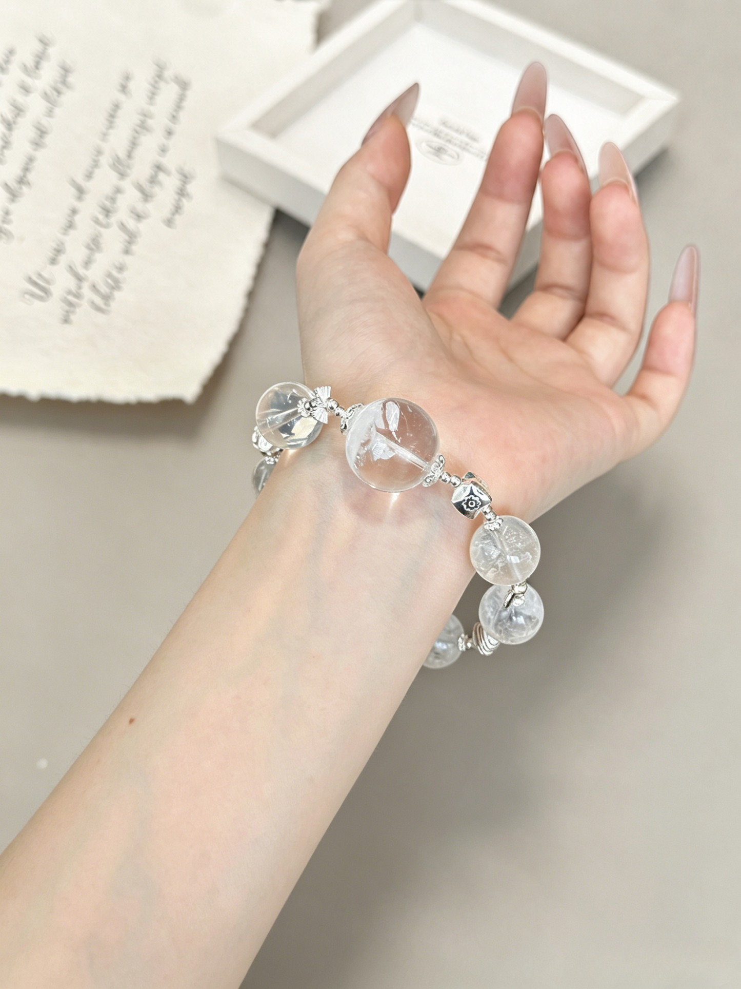 "Frost Canopy & Hidden Snow" — Rare White Phantom Quartz & Artisan 925 Silver Bracelet