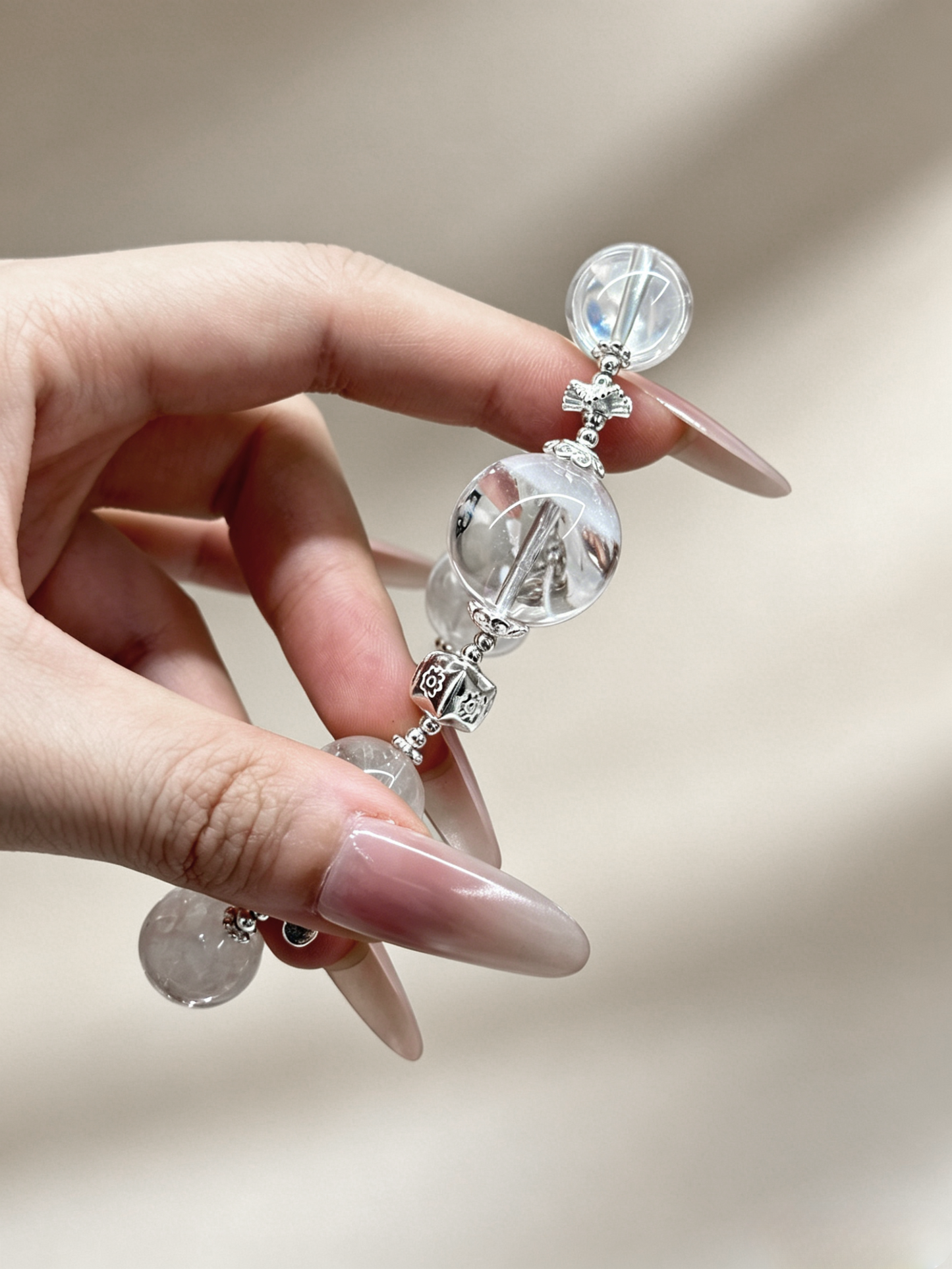 "Frost Canopy & Hidden Snow" — Rare White Phantom Quartz & Artisan 925 Silver Bracelet