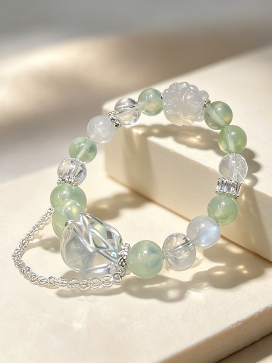 "Mint Mist & Gentle Aura" — Prehnite, Moonstone & White Jade Nine-Tailed Fox Multi-Gemstone Bracelet