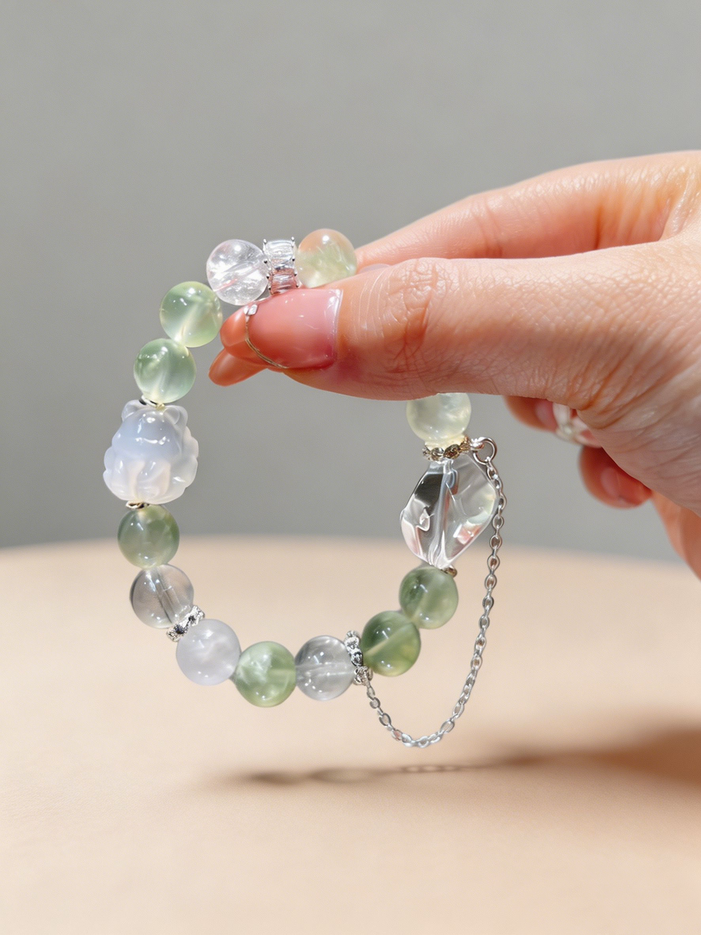 "Mint Mist & Gentle Aura" — Prehnite, Moonstone & White Jade Nine-Tailed Fox Multi-Gemstone Bracelet
