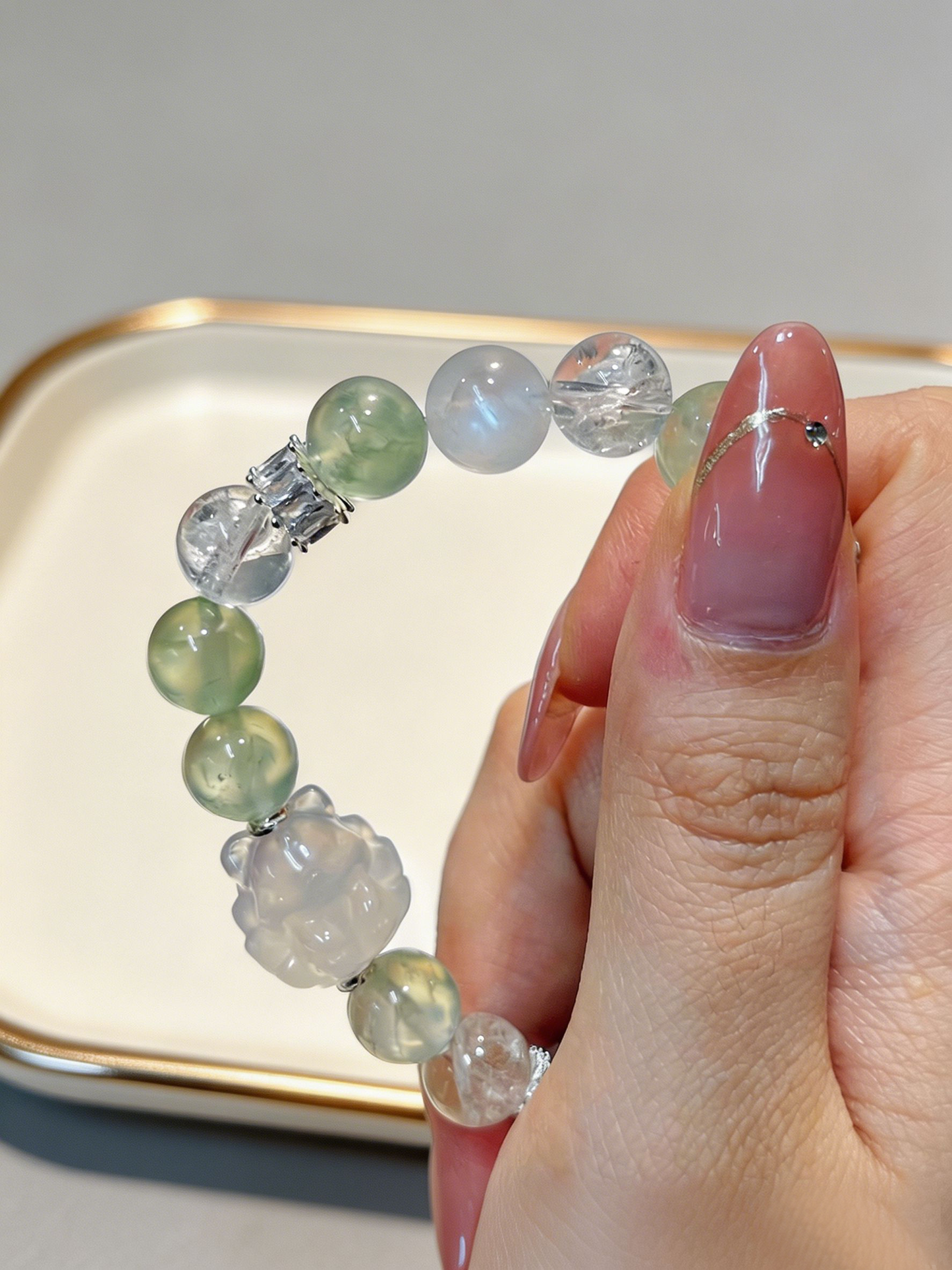 "Mint Mist & Gentle Aura" — Prehnite, Moonstone & White Jade Nine-Tailed Fox Multi-Gemstone Bracelet