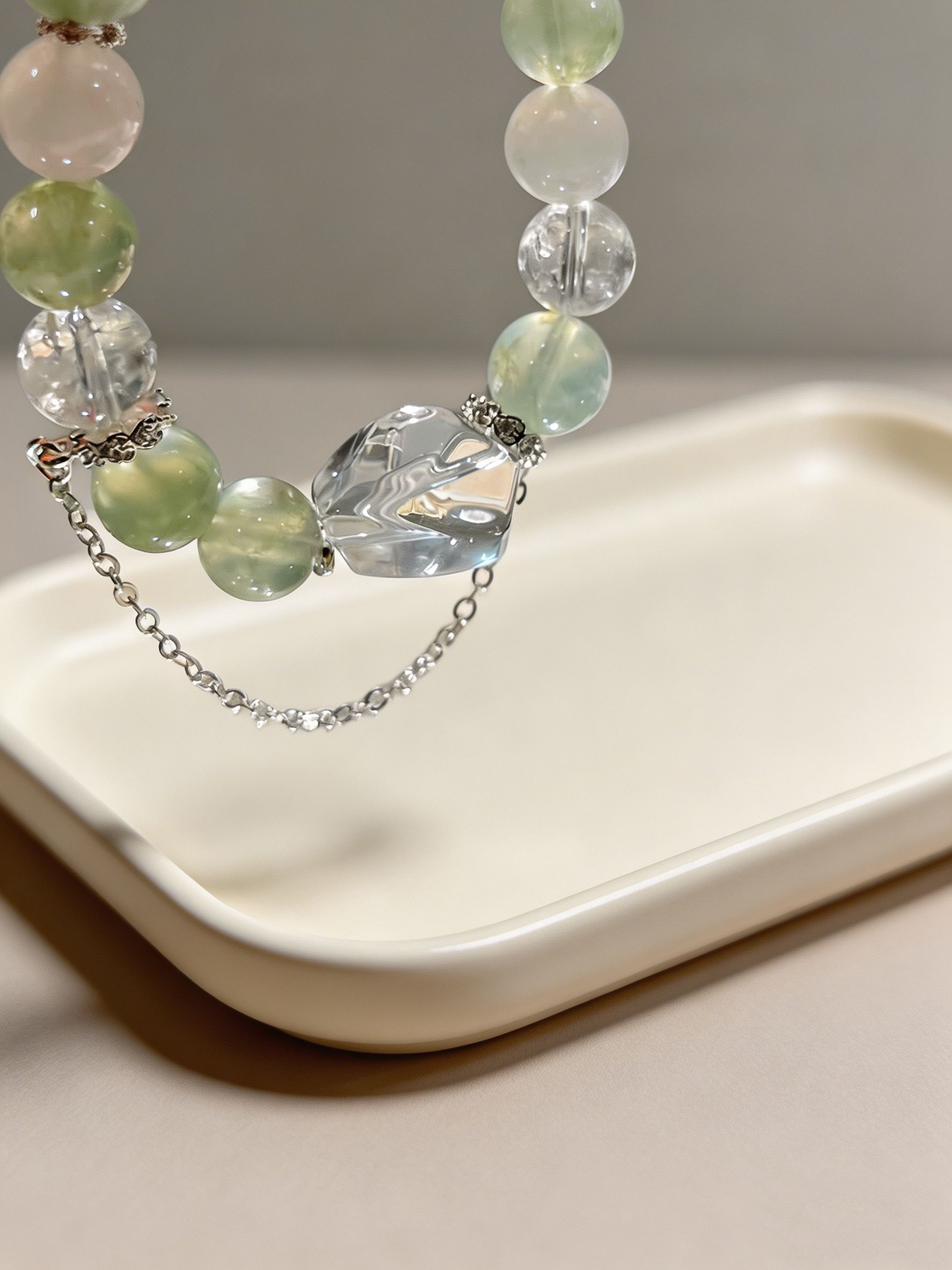 "Mint Mist & Gentle Aura" — Prehnite, Moonstone & White Jade Nine-Tailed Fox Multi-Gemstone Bracelet