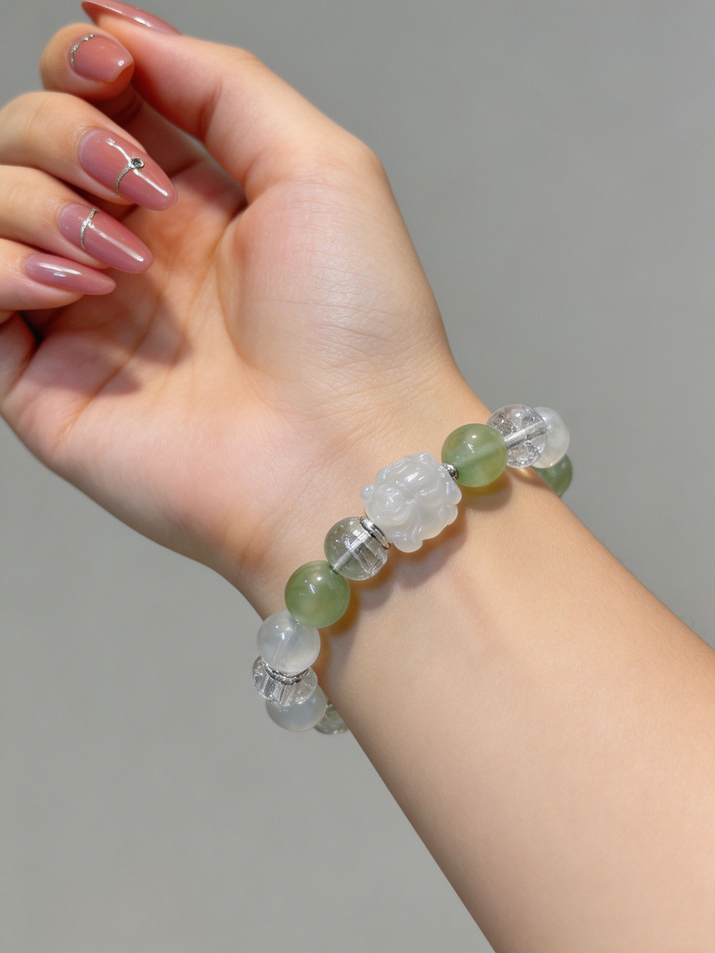 "Mint Mist & Gentle Aura" — Prehnite, Moonstone & White Jade Nine-Tailed Fox Multi-Gemstone Bracelet
