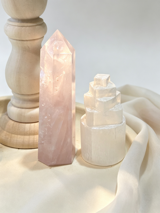 Peach Glow Rose Quartz Crystal Grid Set