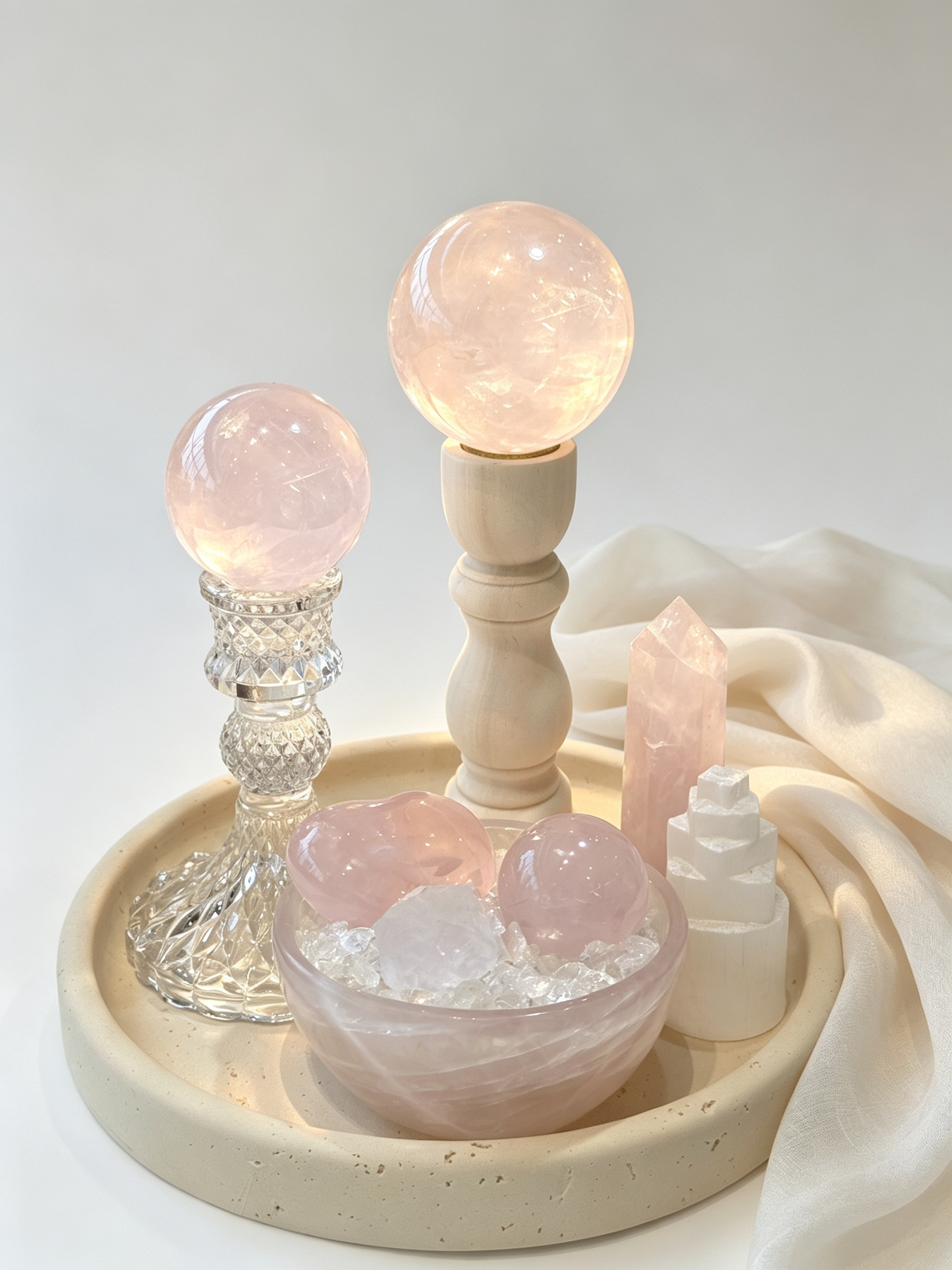 Peach Glow Rose Quartz Crystal Grid Set