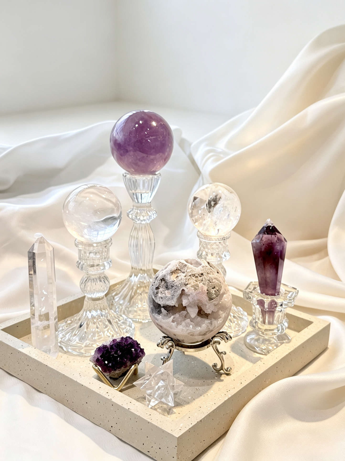 Purple Dome Amethyst & Clear Quartz Crystal Grid Set
