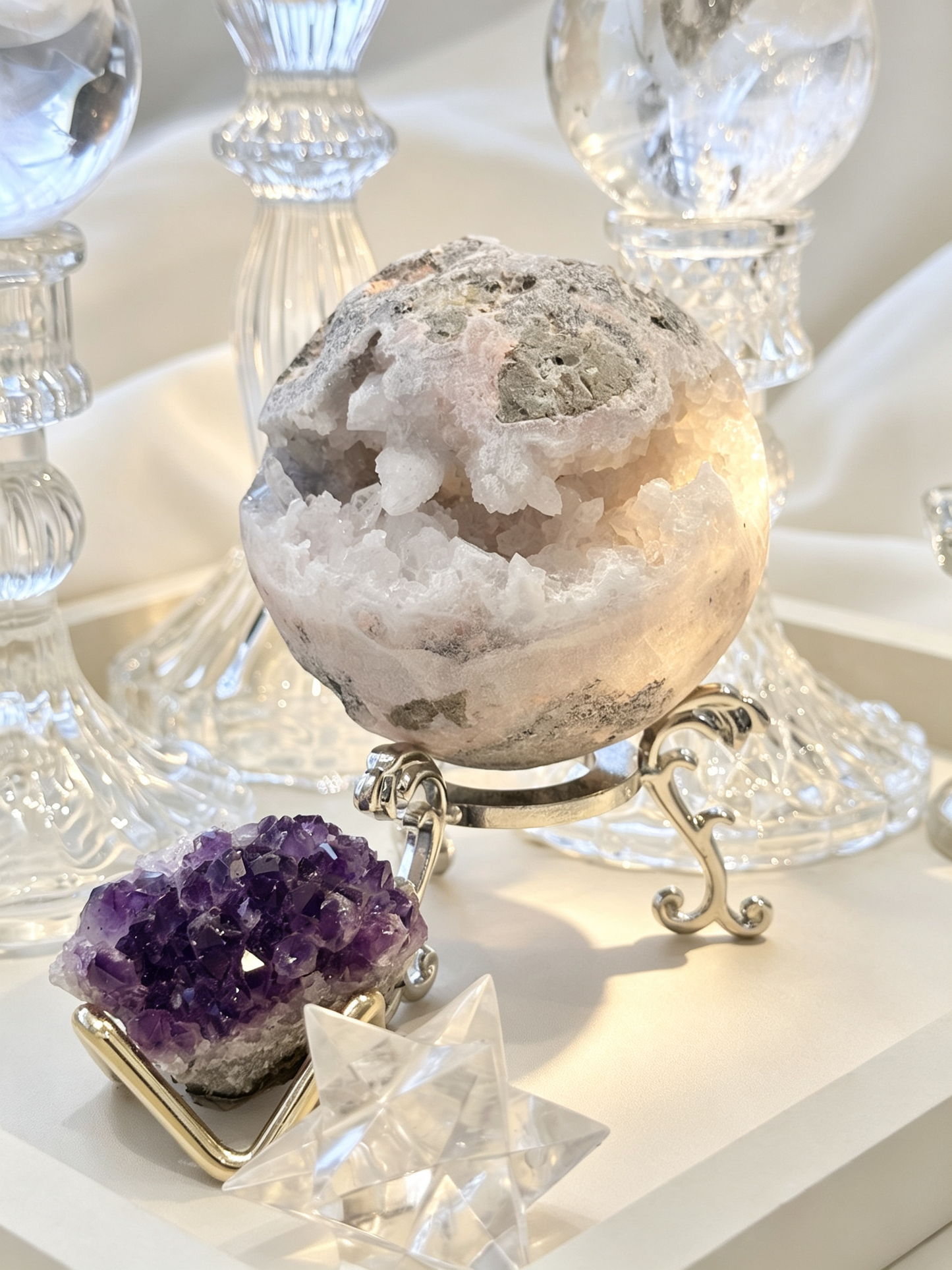 Purple Dome Amethyst & Clear Quartz Crystal Grid Set