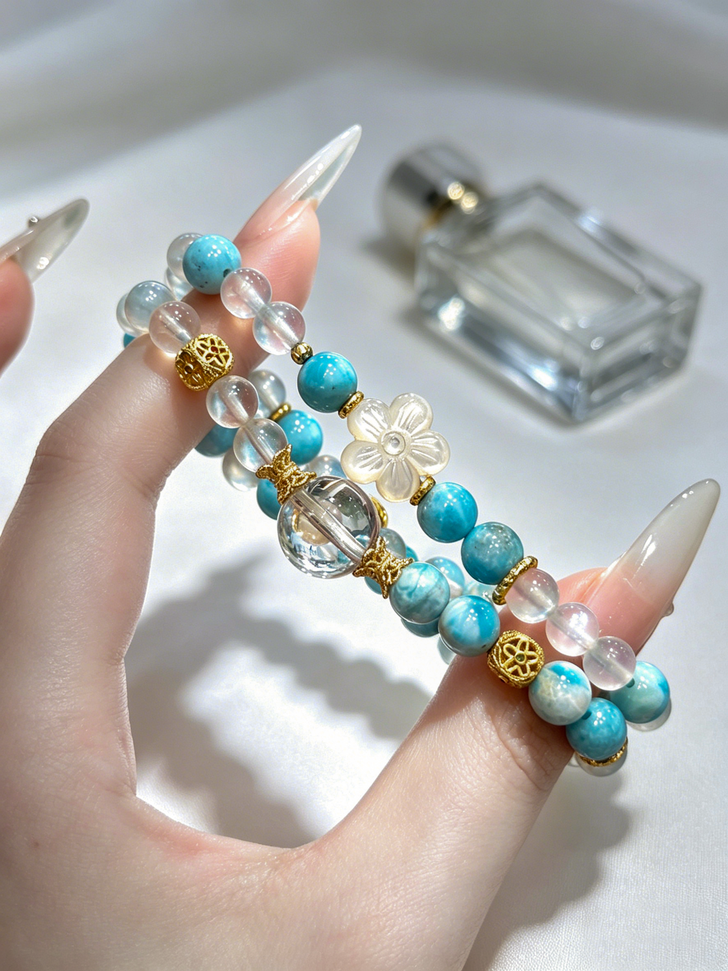 "Ocean Waves & Serene Order" — Premium Full-Pattern Larimar, Creamy Blue Moonstone & Clear Quartz Double-Loop Bracelet