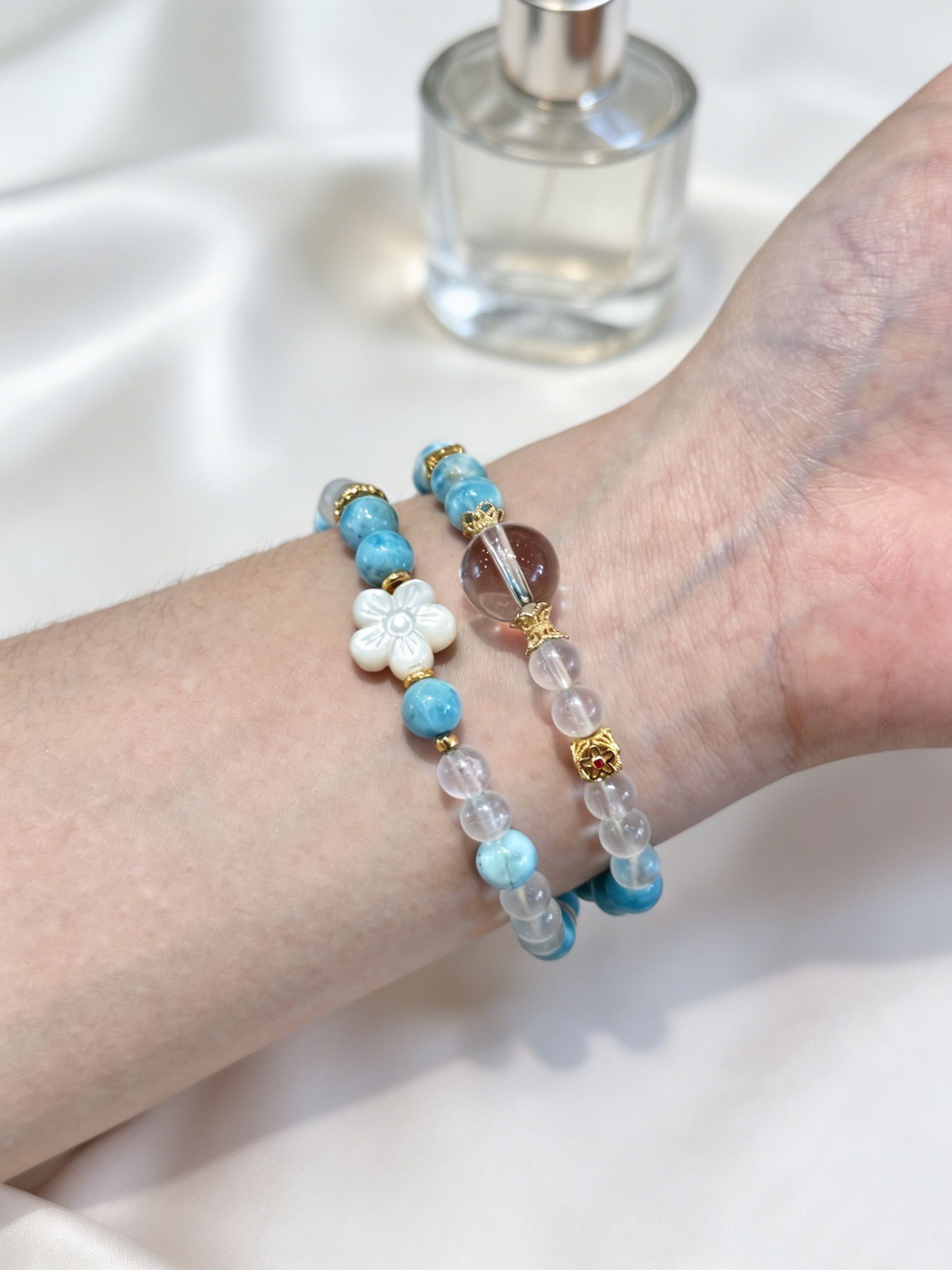 "Ocean Waves & Serene Order" — Premium Full-Pattern Larimar, Creamy Blue Moonstone & Clear Quartz Double-Loop Bracelet