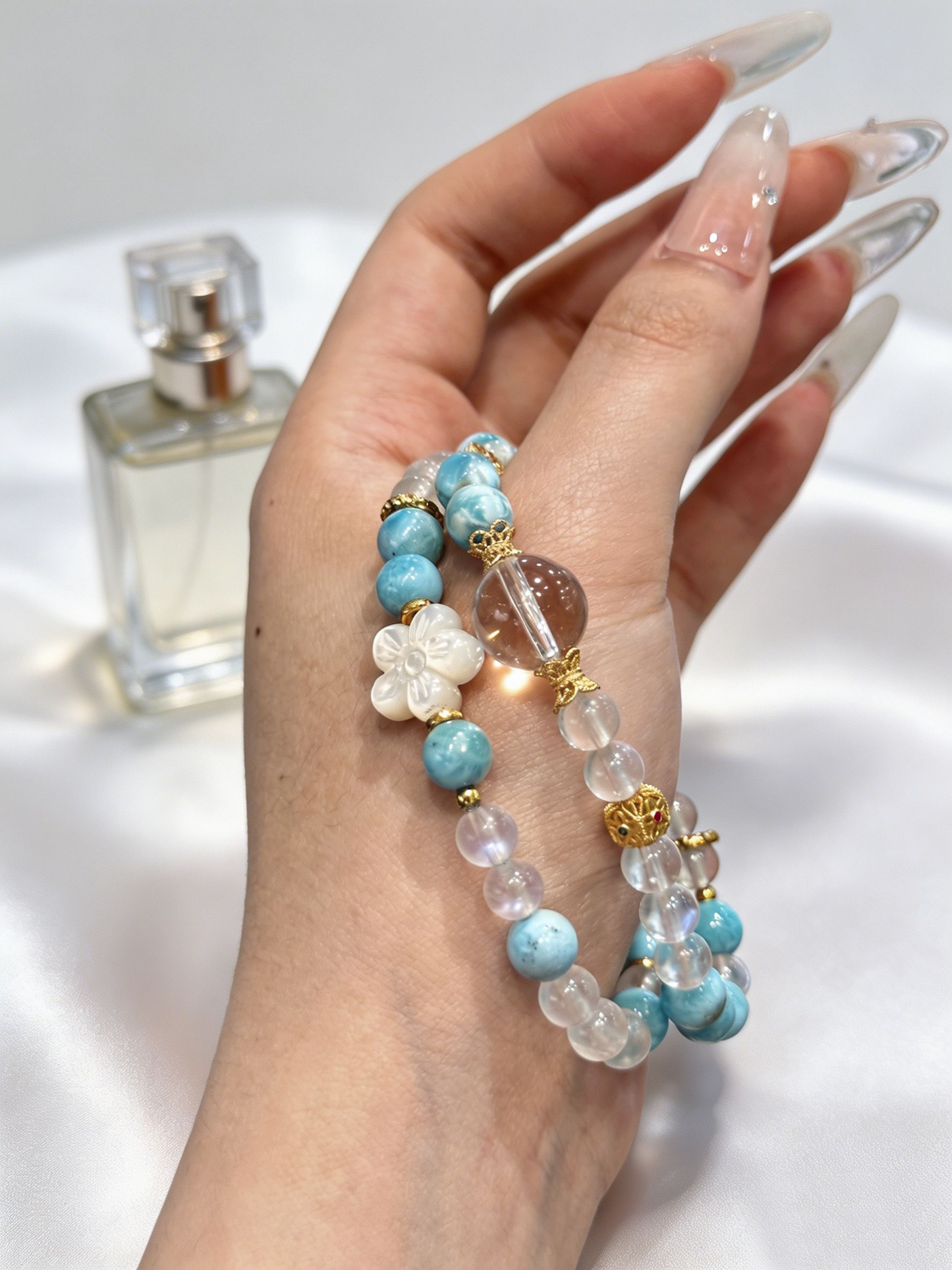 "Ocean Waves & Serene Order" — Premium Full-Pattern Larimar, Creamy Blue Moonstone & Clear Quartz Double-Loop Bracelet