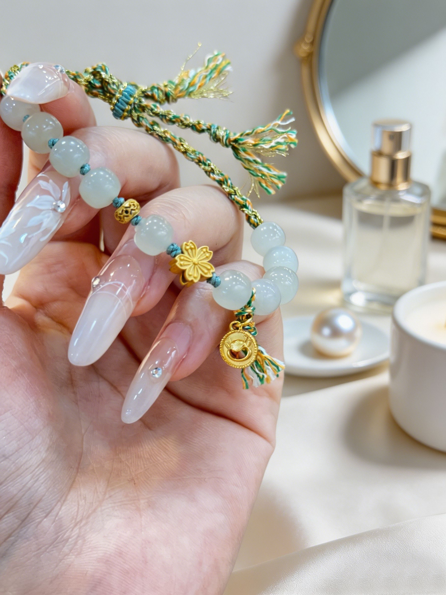 "Verdant Tassels & Guarded Peace" — Premium Hetian Jade Gilded Clover Woven Cord Bracelet