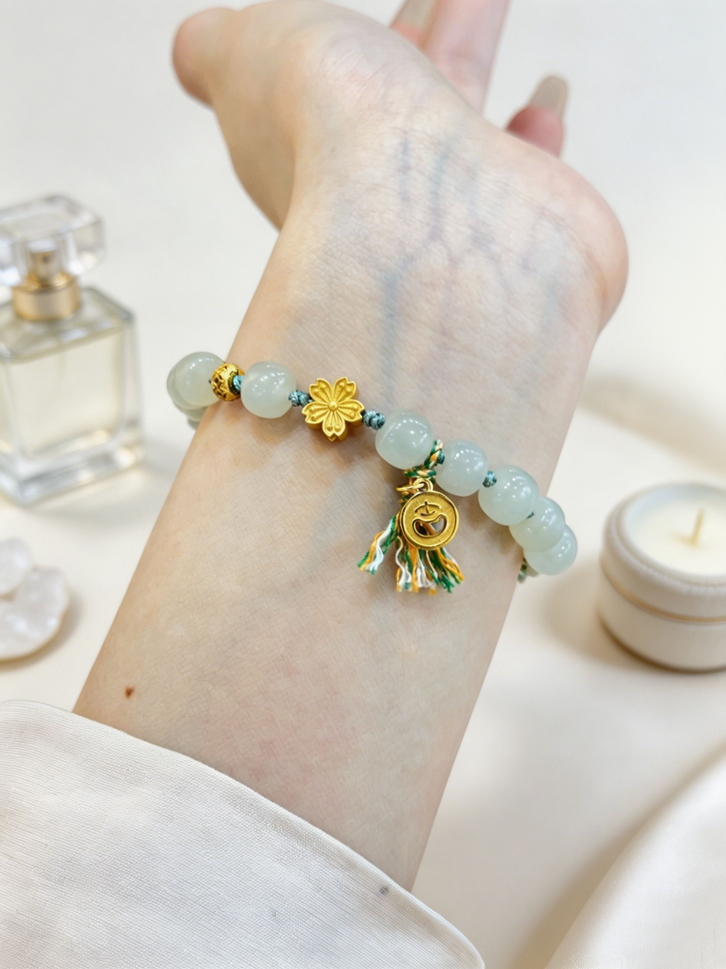 "Verdant Tassels & Guarded Peace" — Premium Hetian Jade Gilded Clover Woven Cord Bracelet
