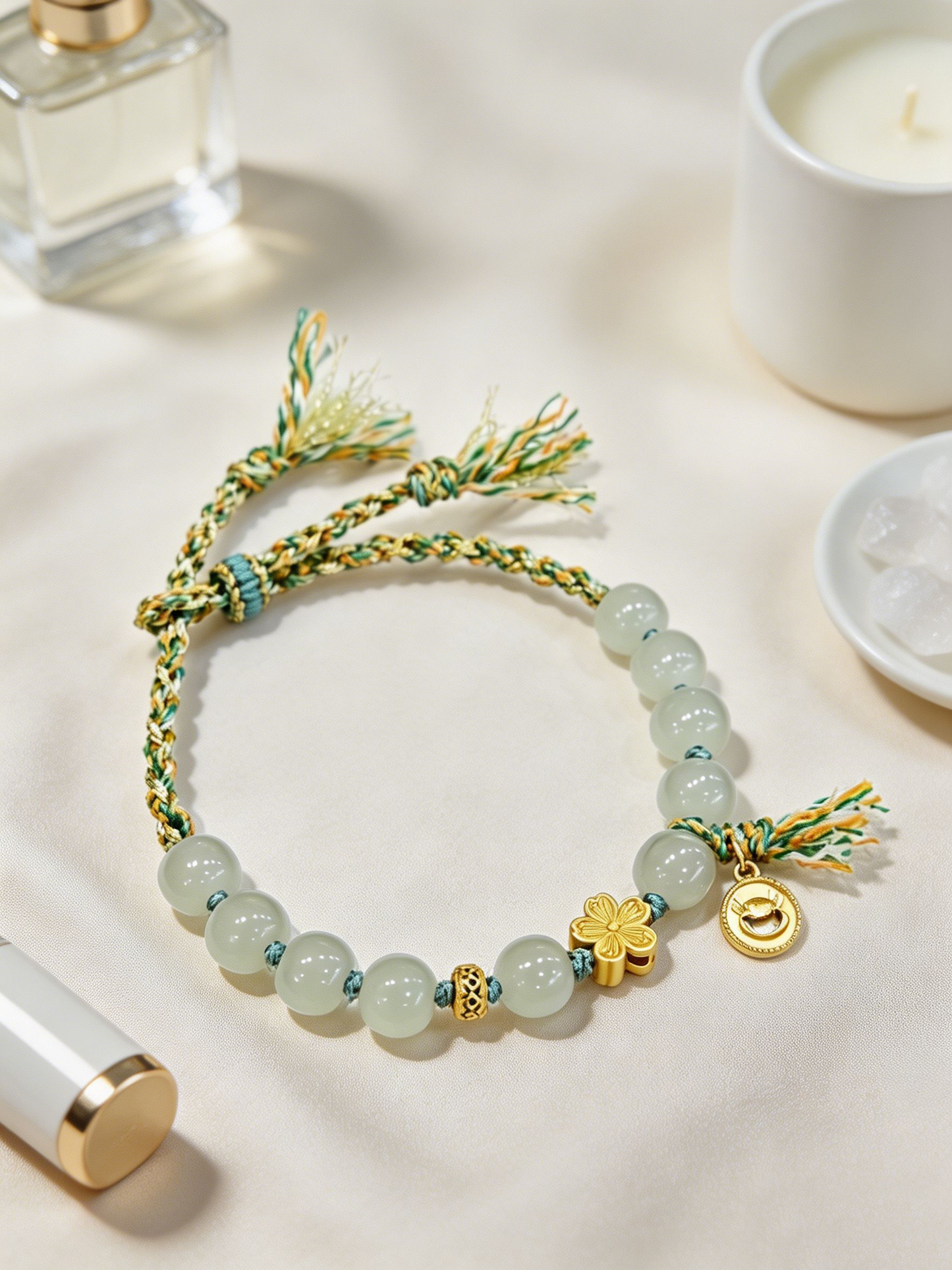 "Verdant Tassels & Guarded Peace" — Premium Hetian Jade Gilded Clover Woven Cord Bracelet