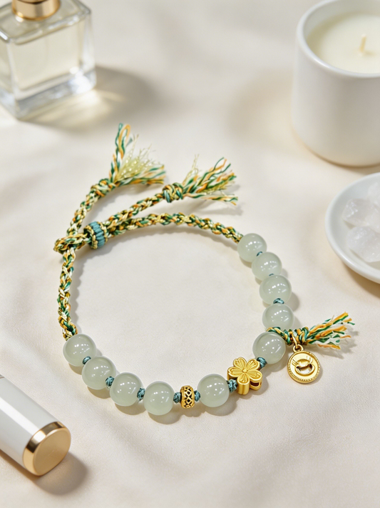 "Verdant Tassels & Guarded Peace" — Premium Hetian Jade Gilded Clover Woven Cord Bracelet