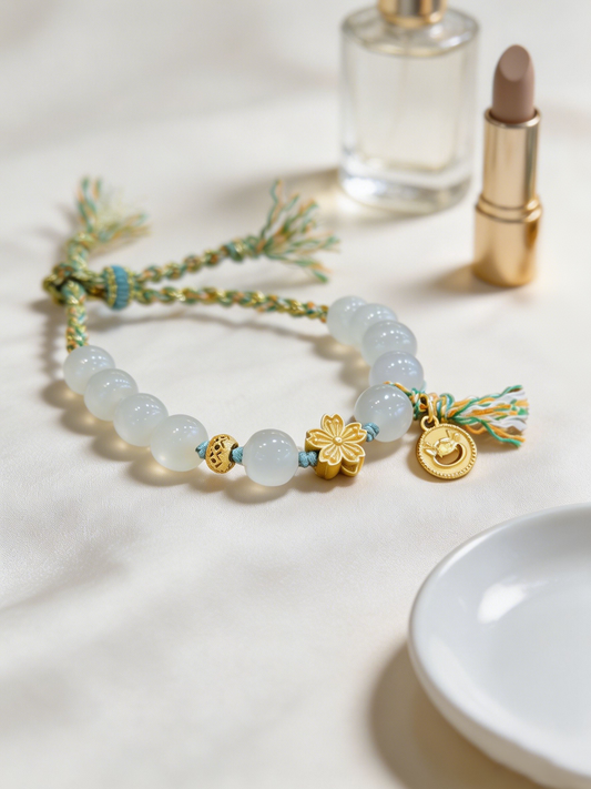 "Verdant Tassels & Guarded Peace" — Premium Hetian Jade Gilded Clover Woven Cord Bracelet