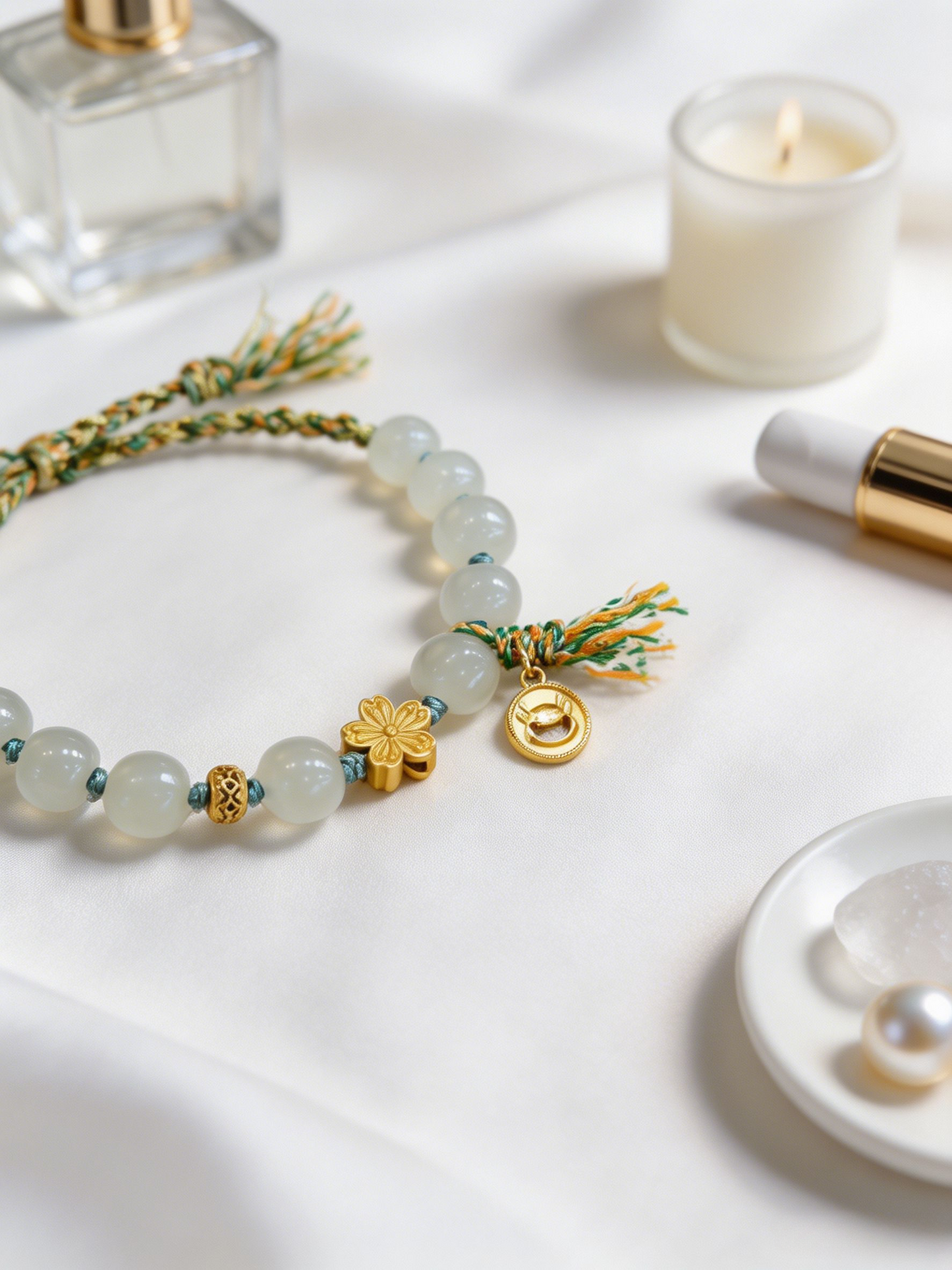 "Verdant Tassels & Guarded Peace" — Premium Hetian Jade Gilded Clover Woven Cord Bracelet