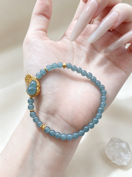 "Serene Waters & The Blessed Gourd" — Ice-Clear Blue Water Jadeite Slim Talisman Bracelet