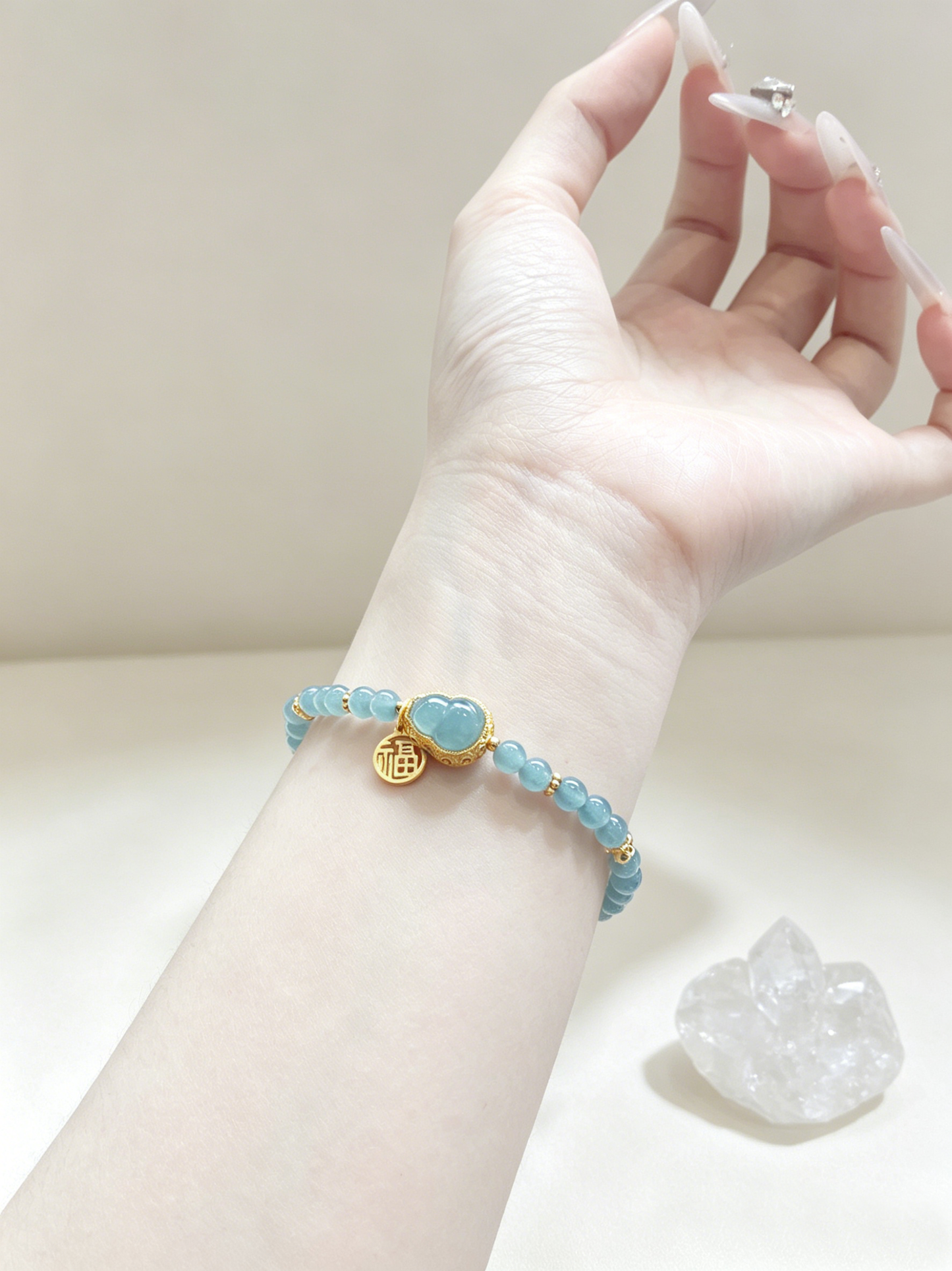 "Serene Waters & The Blessed Gourd" — Ice-Clear Blue Water Jadeite Slim Talisman Bracelet