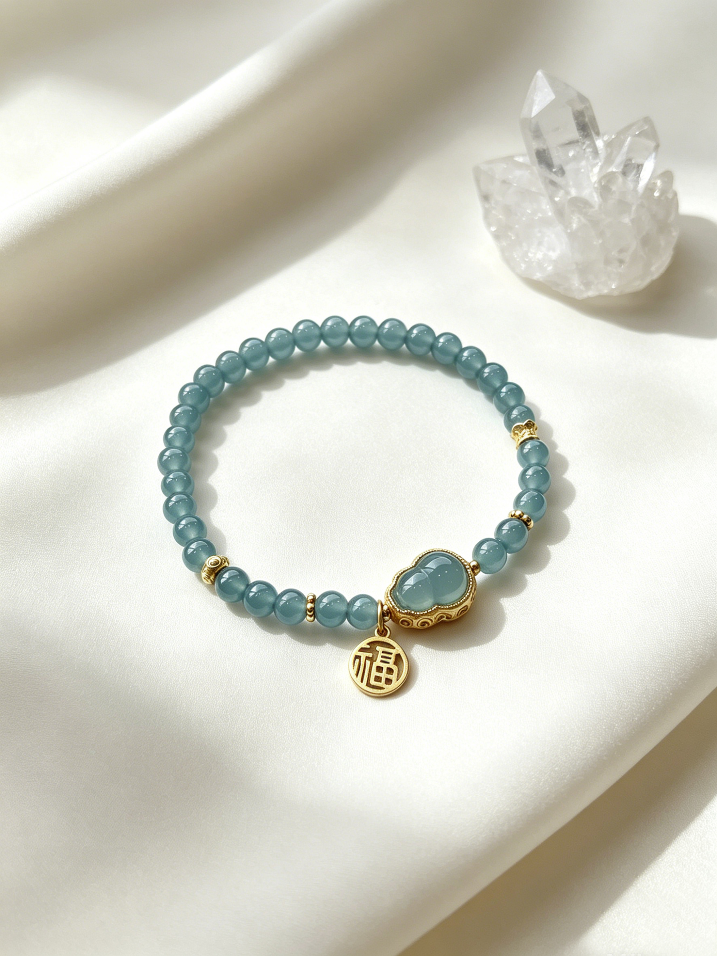 "Serene Waters & The Blessed Gourd" — Ice-Clear Blue Water Jadeite Slim Talisman Bracelet