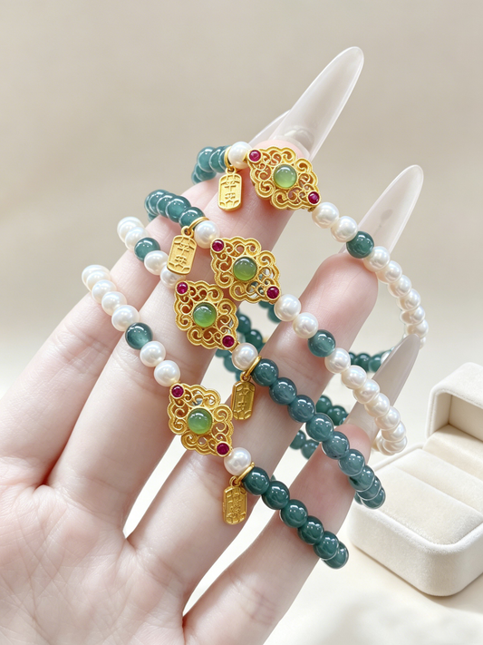 "Misty Ripples & Pearl Jade" — Ice-Clear Blue Water Jadeite & Soft-Glow Freshwater Pearl Slim Bracelet