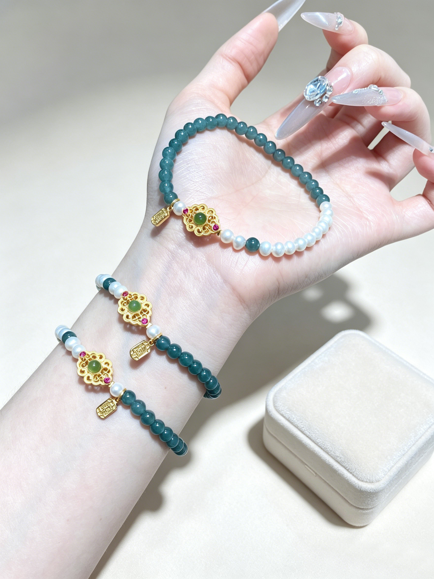 "Misty Ripples & Pearl Jade" — Ice-Clear Blue Water Jadeite & Soft-Glow Freshwater Pearl Slim Bracelet