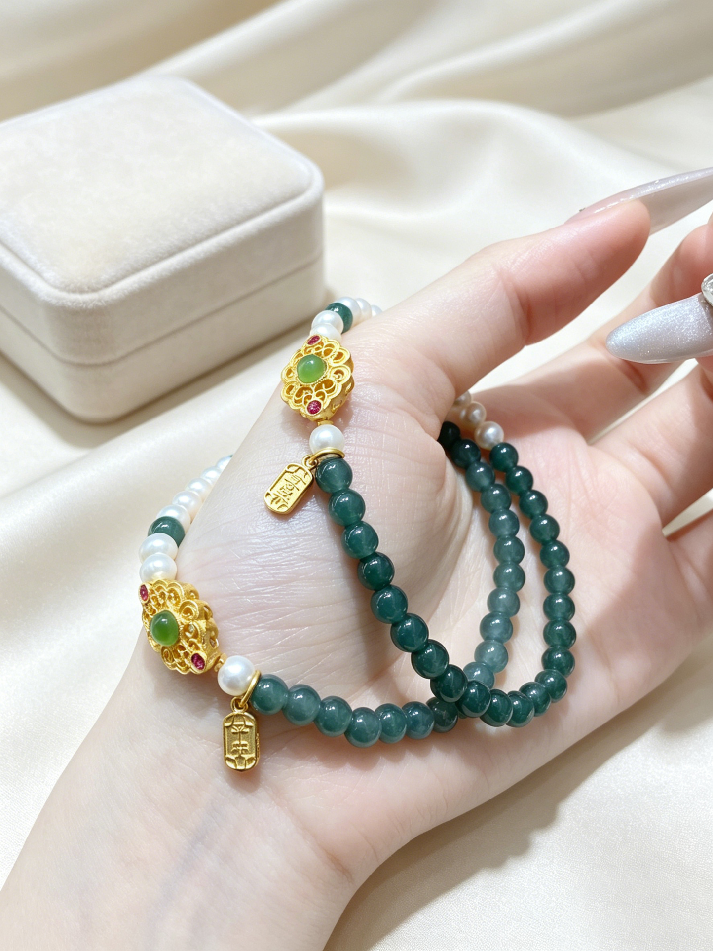 "Misty Ripples & Pearl Jade" — Ice-Clear Blue Water Jadeite & Soft-Glow Freshwater Pearl Slim Bracelet