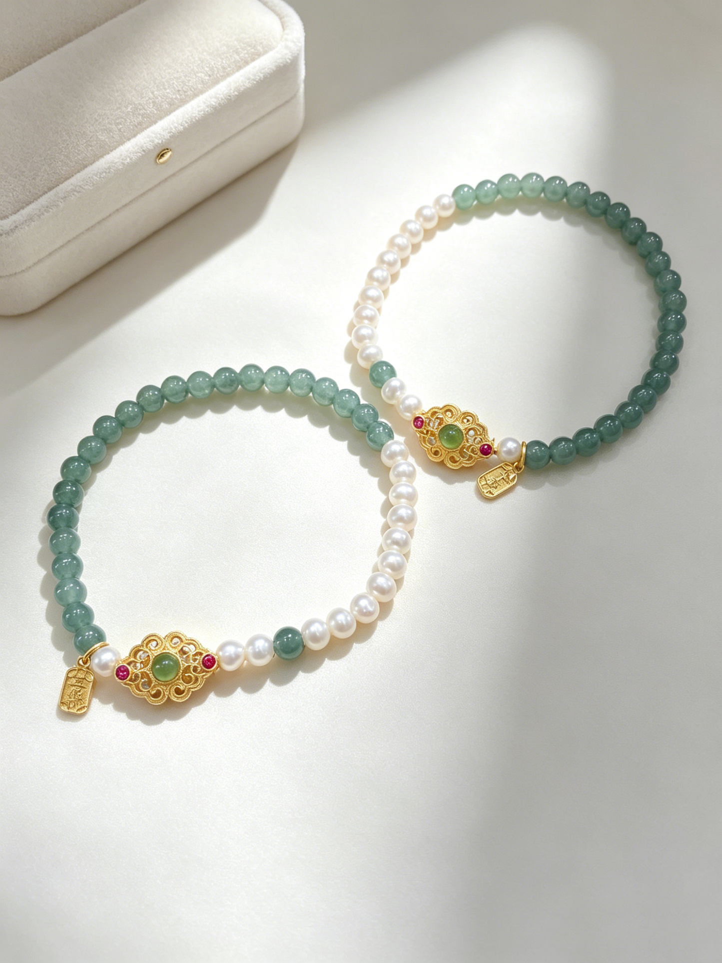 "Misty Ripples & Pearl Jade" — Ice-Clear Blue Water Jadeite & Soft-Glow Freshwater Pearl Slim Bracelet