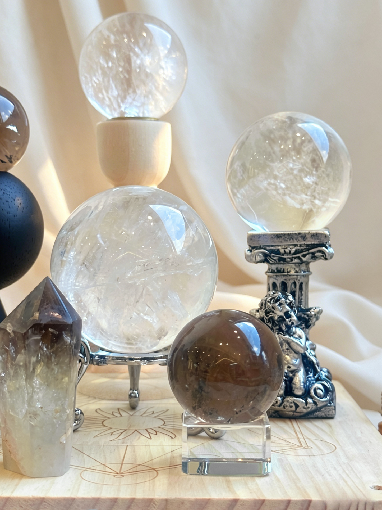 Clear Ground White Azeztulite & Smoky Quartz Crystal Grid