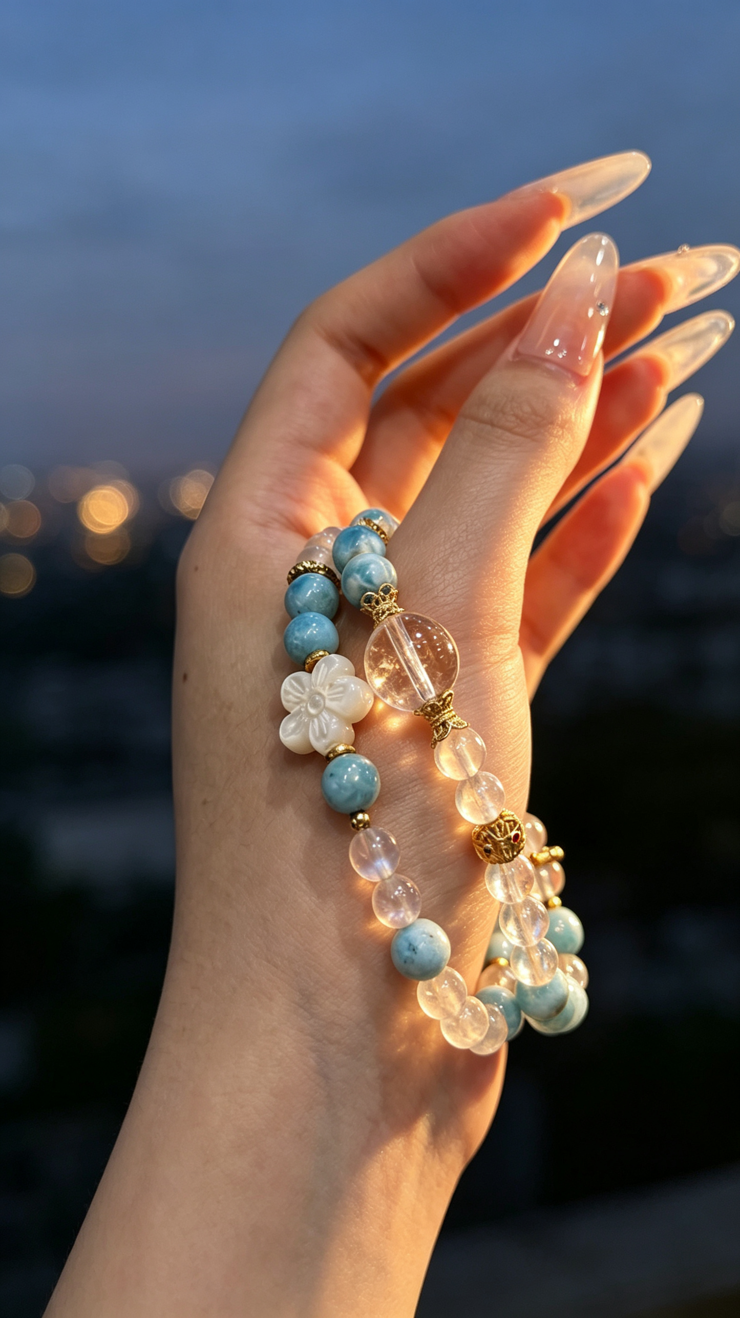 "Ocean Waves & Serene Order" — Premium Full-Pattern Larimar, Creamy Blue Moonstone & Clear Quartz Double-Loop Bracelet