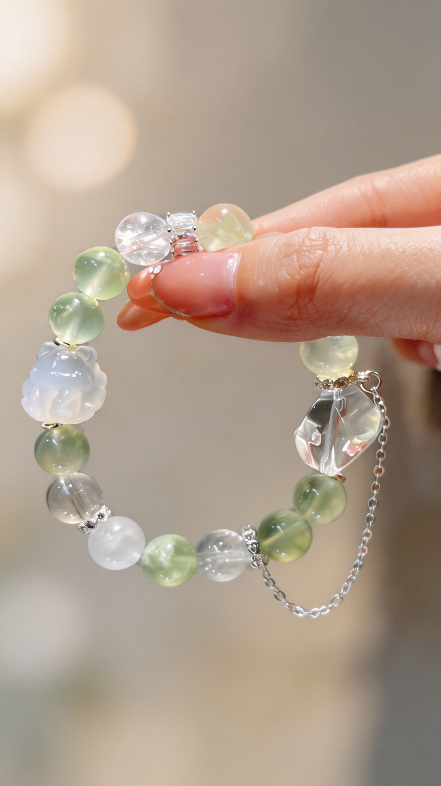 "Mint Mist & Gentle Aura" — Prehnite, Moonstone & White Jade Nine-Tailed Fox Multi-Gemstone Bracelet