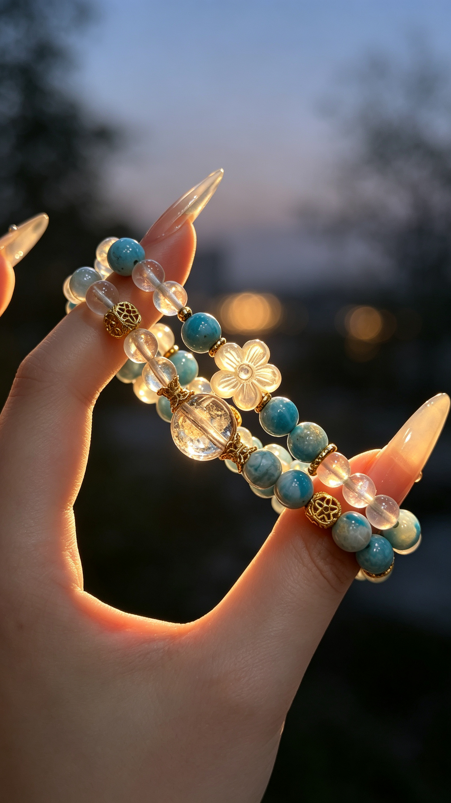 "Ocean Waves & Serene Order" — Premium Full-Pattern Larimar, Creamy Blue Moonstone & Clear Quartz Double-Loop Bracelet