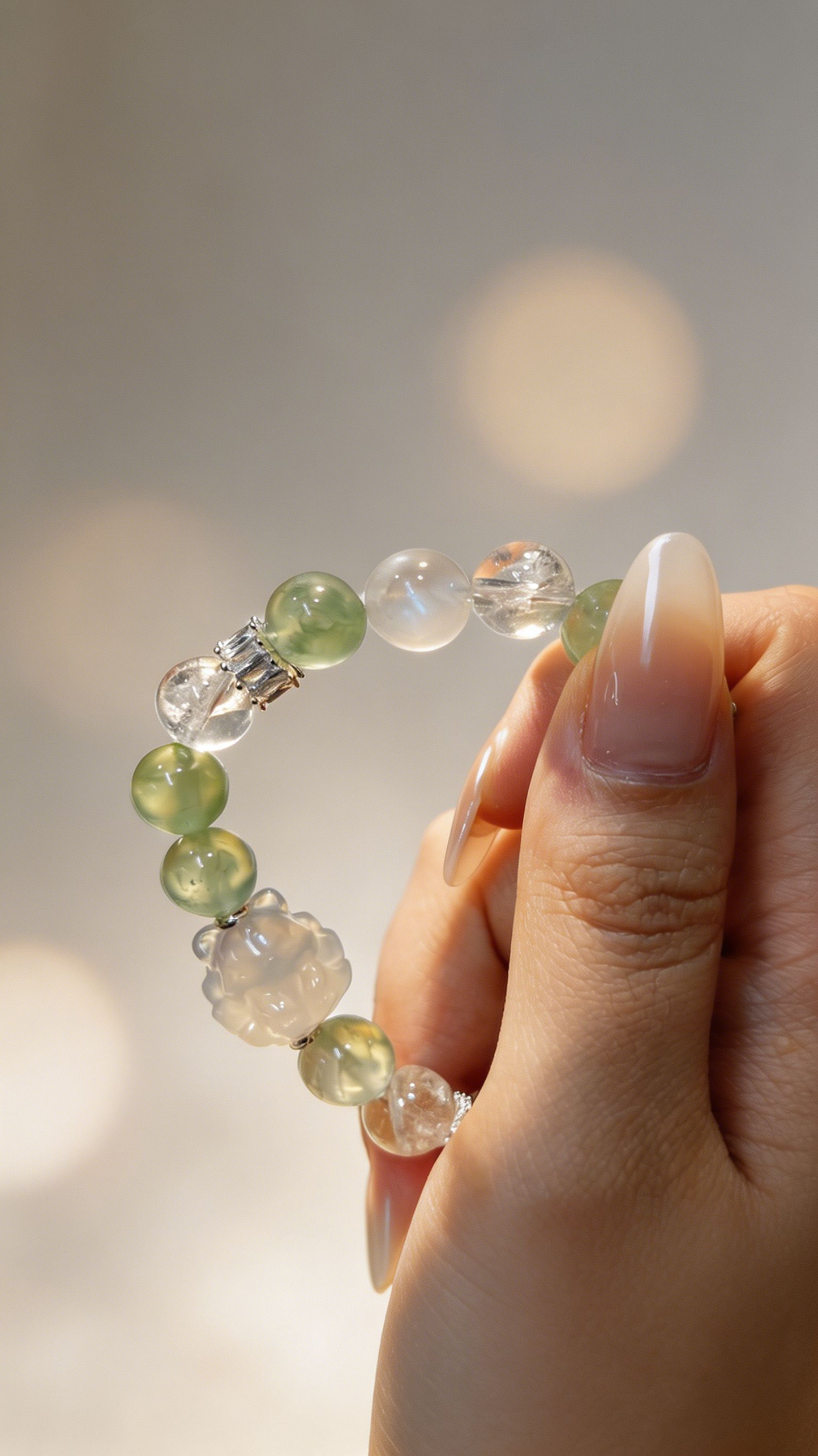 "Mint Mist & Gentle Aura" — Prehnite, Moonstone & White Jade Nine-Tailed Fox Multi-Gemstone Bracelet