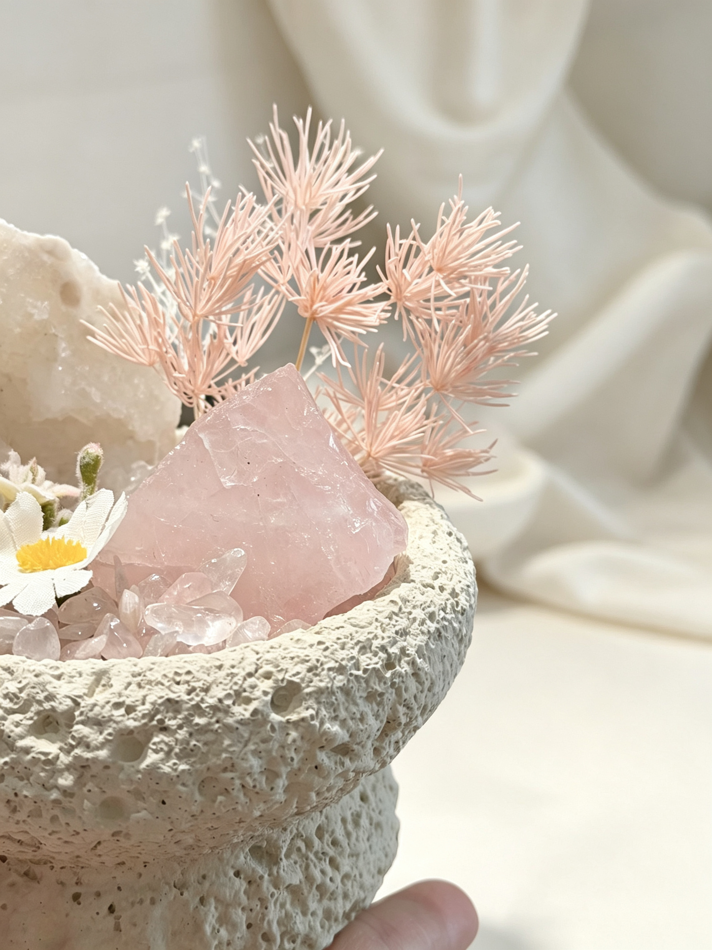 Peach Nest Rose Quartz & Clear Quartz Geode Healing Desk Garden